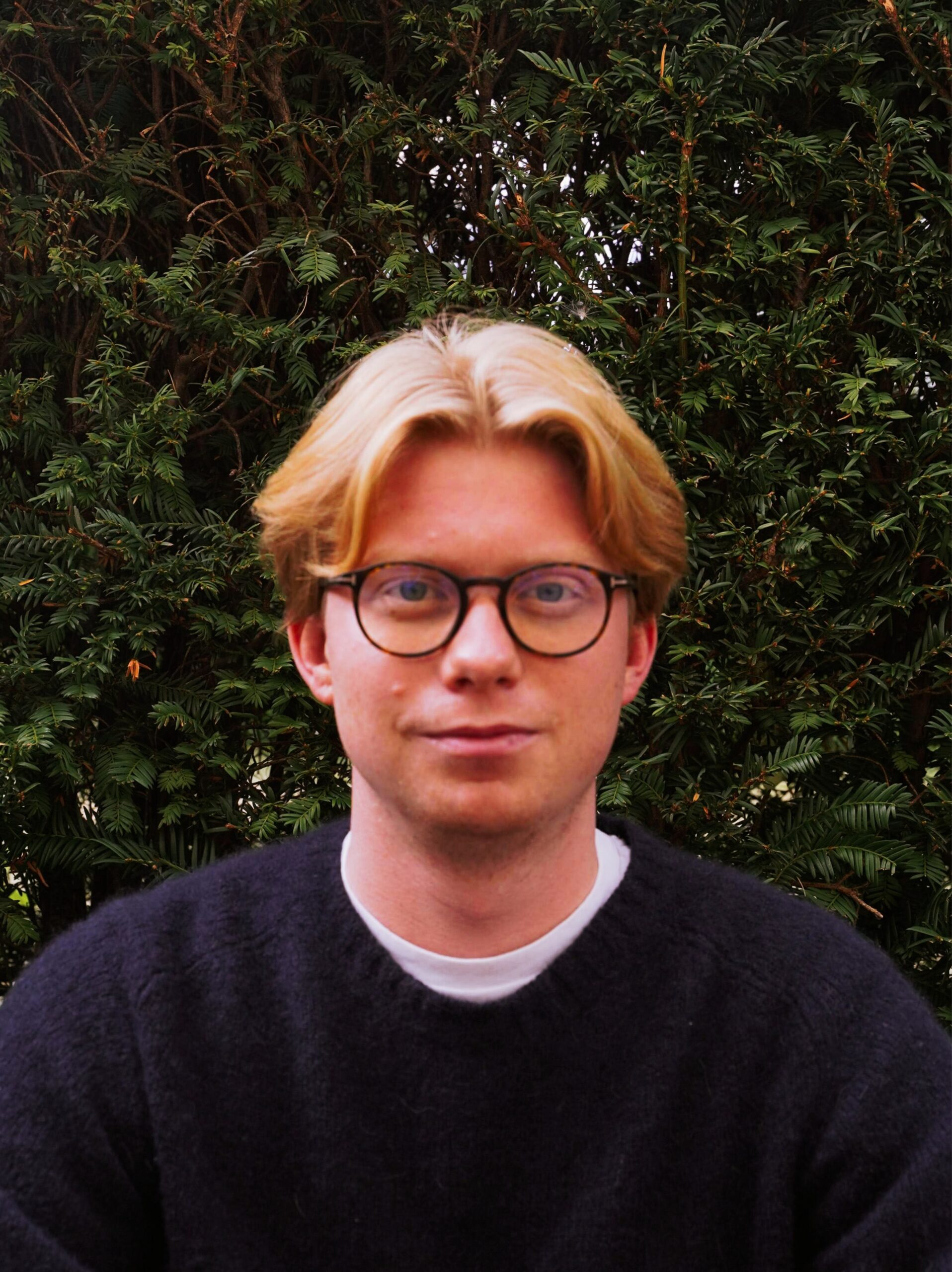 Porträtfoto eines jungen Mannes mit kurzem, blonden Haar und runder Brille. Er trägt einen dunkelblauen Pullover über einem weißen T-Shirt und blickt lächelnd in die Kamera. Im Hintergrund ist eine dichte grüne Hecke zu sehen.